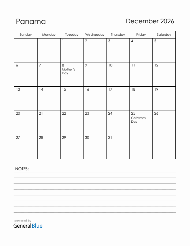 December 2026 Panama Calendar with Holidays (Sunday Start)