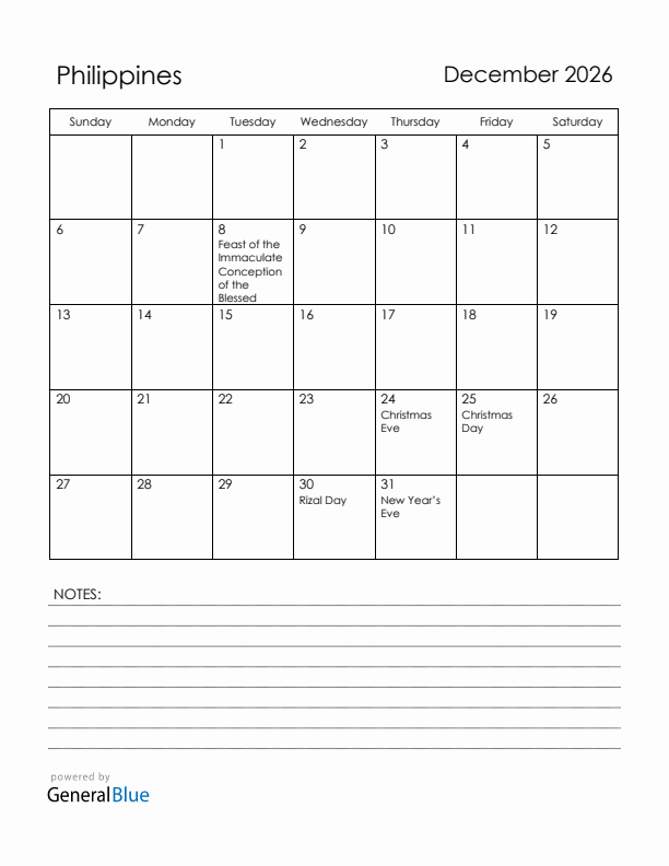 December 2026 Philippines Calendar with Holidays (Sunday Start)