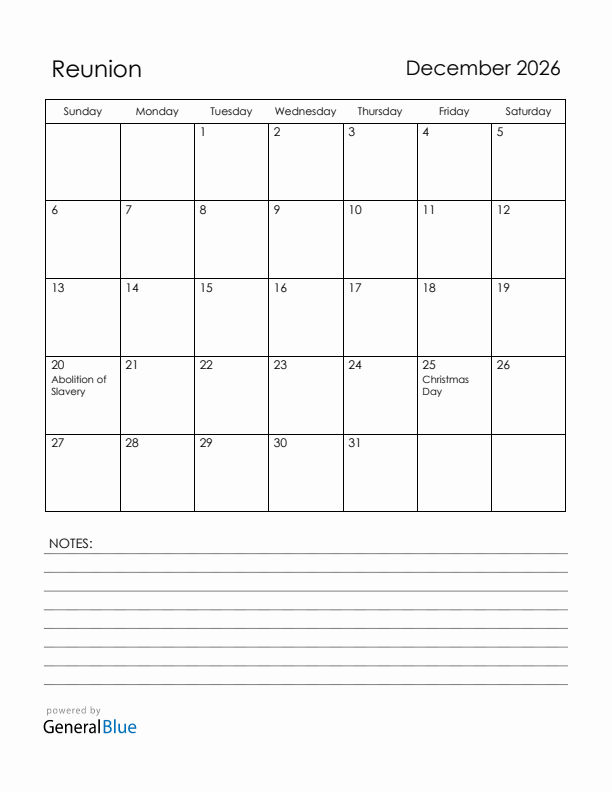 December 2026 Reunion Calendar with Holidays (Sunday Start)