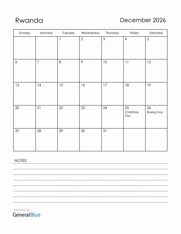 December 2026 Rwanda Calendar with Holidays (Sunday Start)