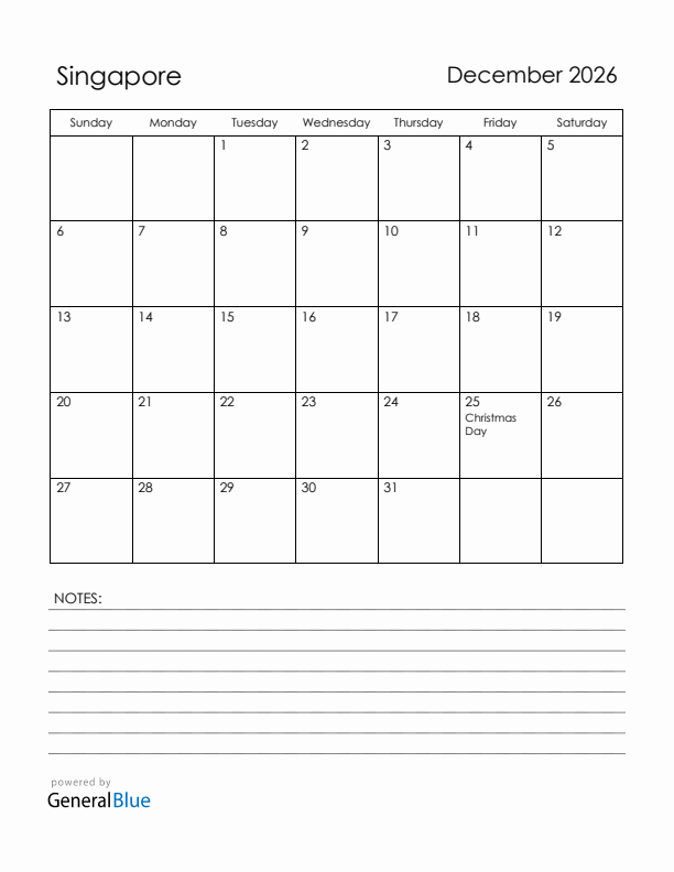 December 2026 Singapore Calendar with Holidays (Sunday Start)