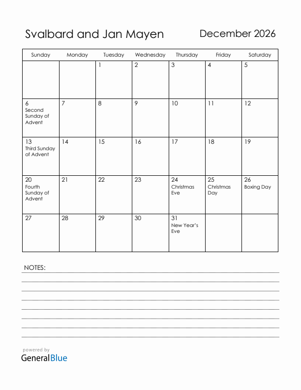 December 2026 Svalbard and Jan Mayen Calendar with Holidays (Sunday Start)