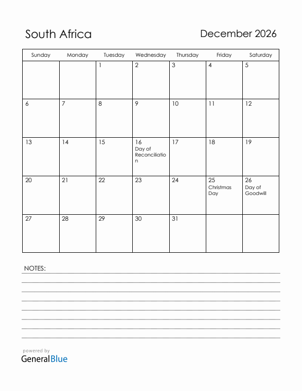 December 2026 South Africa Calendar with Holidays (Sunday Start)