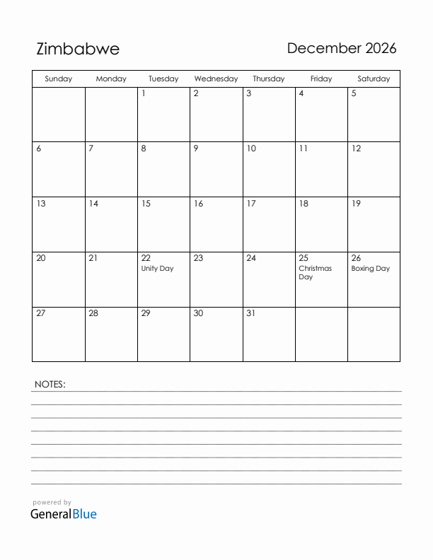 December 2026 Zimbabwe Calendar with Holidays (Sunday Start)