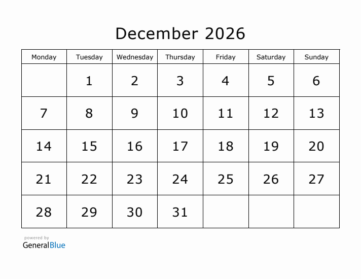 Printable December 2026 Calendar - Monday Start