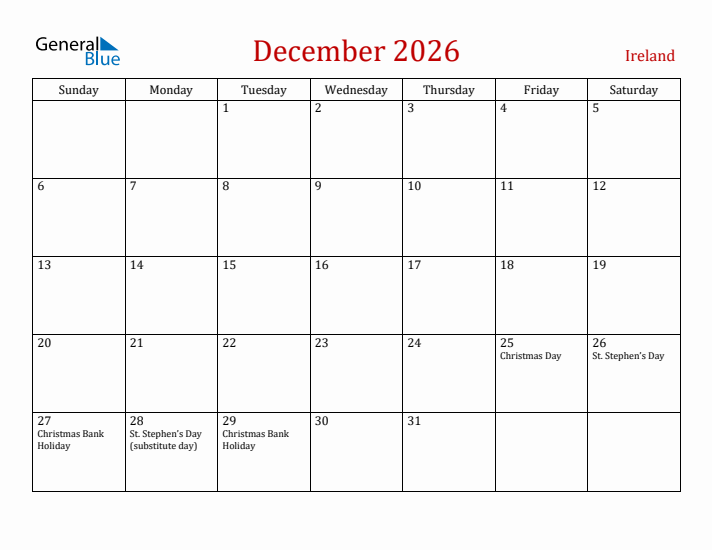 Ireland December 2026 Calendar - Sunday Start