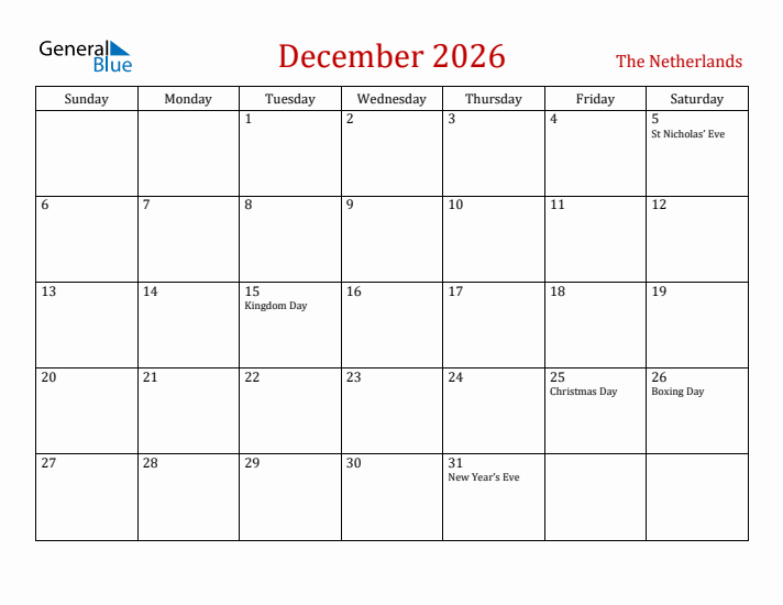 The Netherlands December 2026 Calendar - Sunday Start