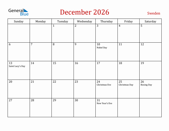 Sweden December 2026 Calendar - Sunday Start