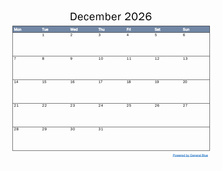 December 2026 Simple Month Calendar Template