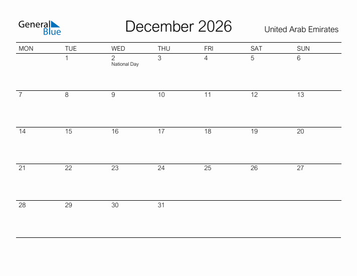 Printable December 2026 Calendar for United Arab Emirates