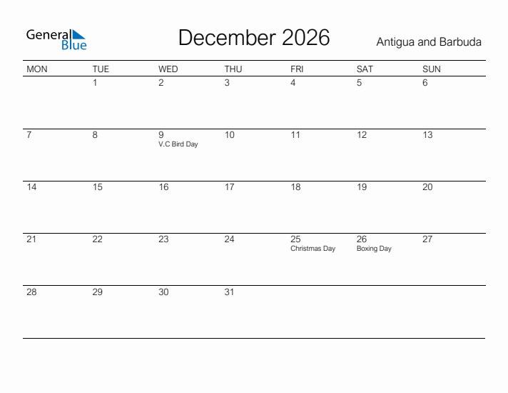 Printable December 2026 Calendar for Antigua and Barbuda