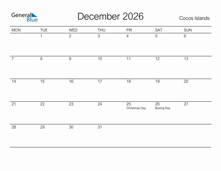 Printable December 2026 Calendar for Cocos Islands