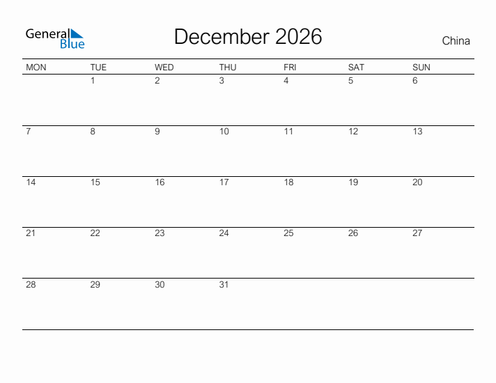 Printable December 2026 Calendar for China