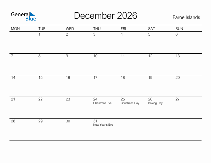 Printable December 2026 Calendar for Faroe Islands