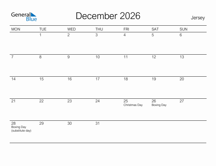 Printable December 2026 Calendar for Jersey