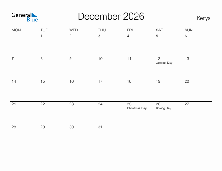 Printable December 2026 Calendar for Kenya