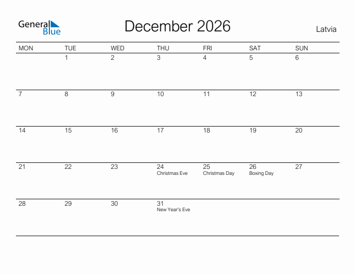 Printable December 2026 Calendar for Latvia