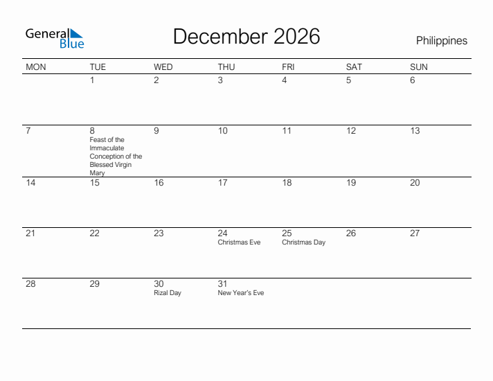 Printable December 2026 Calendar for Philippines