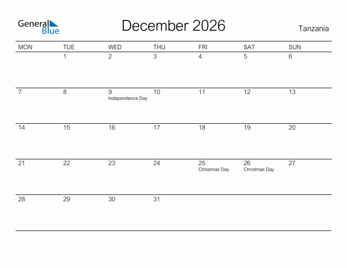 Printable December 2026 Calendar for Tanzania