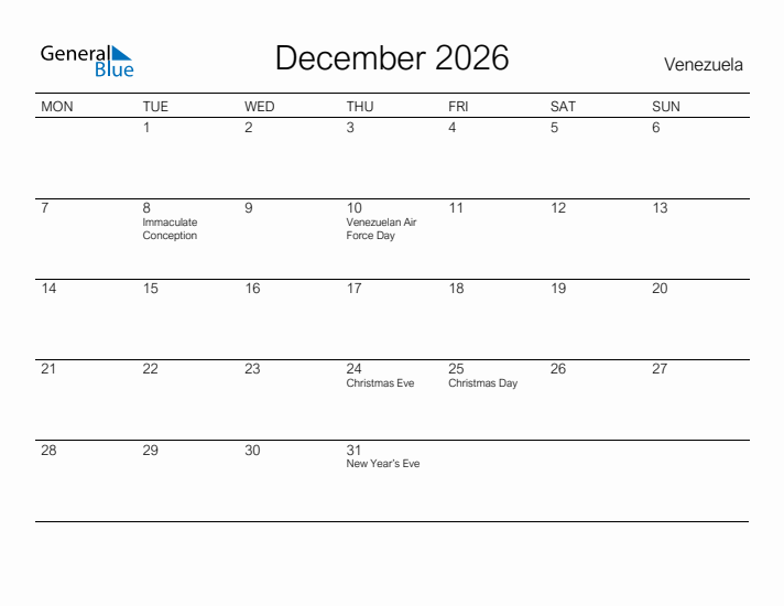 Printable December 2026 Calendar for Venezuela