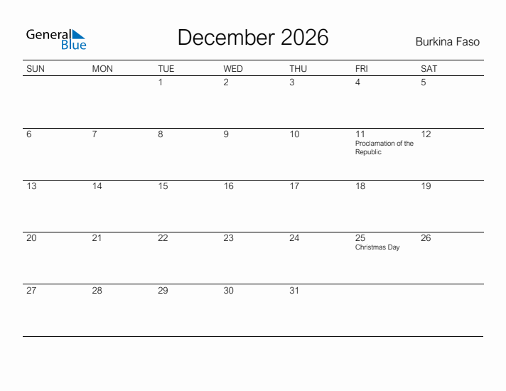 Printable December 2026 Calendar for Burkina Faso