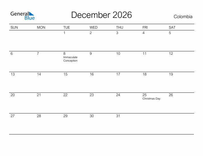 Printable December 2026 Calendar for Colombia