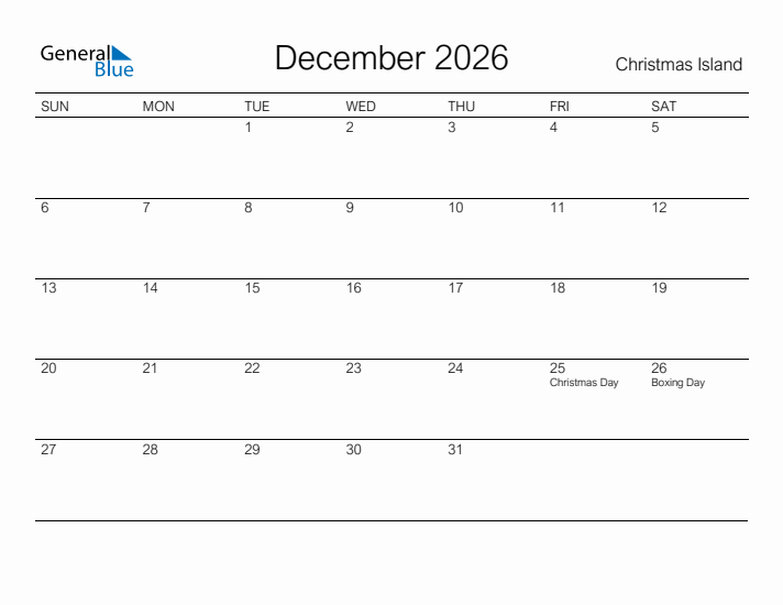 Printable December 2026 Calendar for Christmas Island