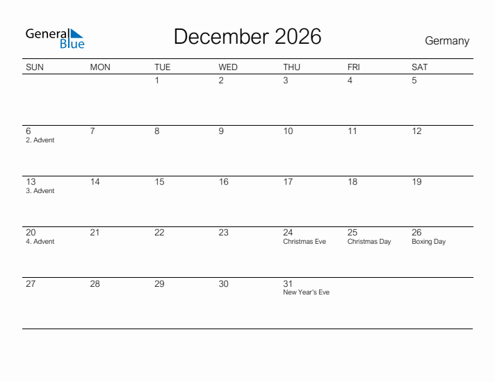 Printable December 2026 Calendar for Germany