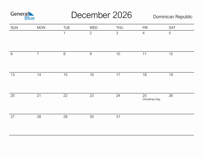 Printable December 2026 Calendar for Dominican Republic