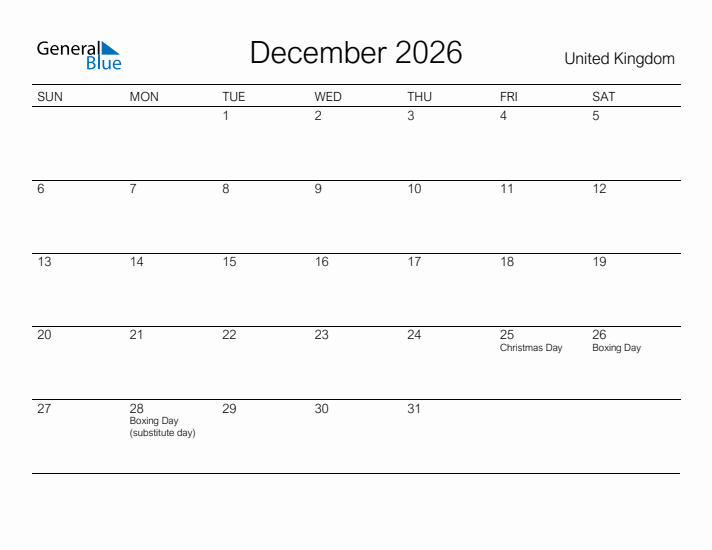 Printable December 2026 Calendar for United Kingdom