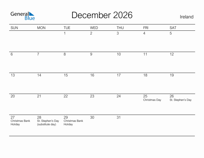 Printable December 2026 Calendar for Ireland