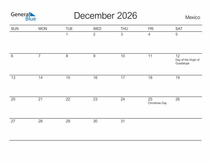 Printable December 2026 Calendar for Mexico