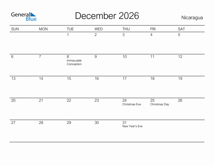 Printable December 2026 Calendar for Nicaragua