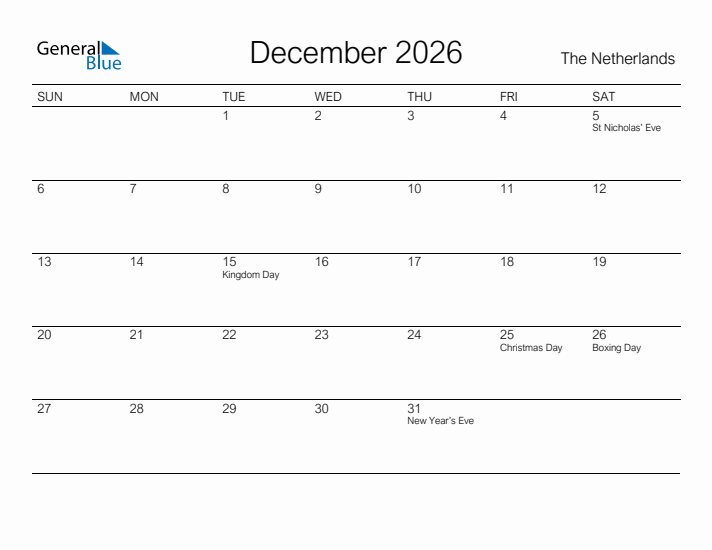 Printable December 2026 Calendar for The Netherlands