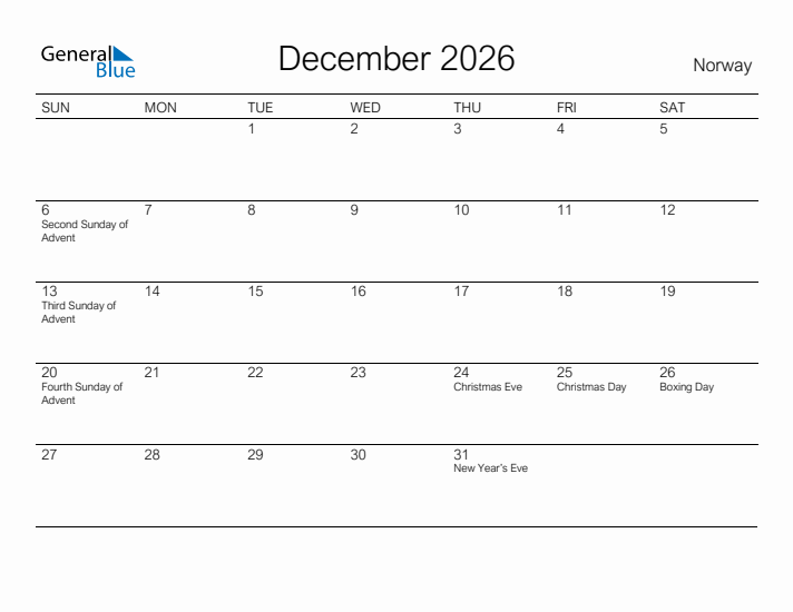 Printable December 2026 Calendar for Norway