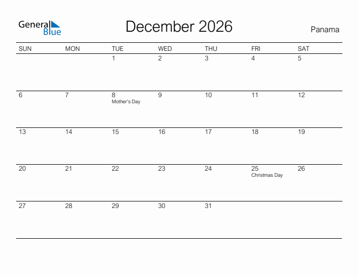 Printable December 2026 Calendar for Panama