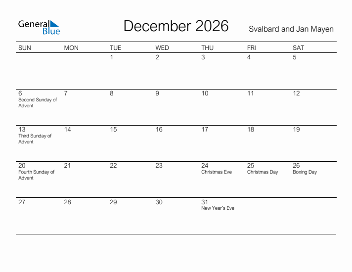 Printable December 2026 Calendar for Svalbard and Jan Mayen