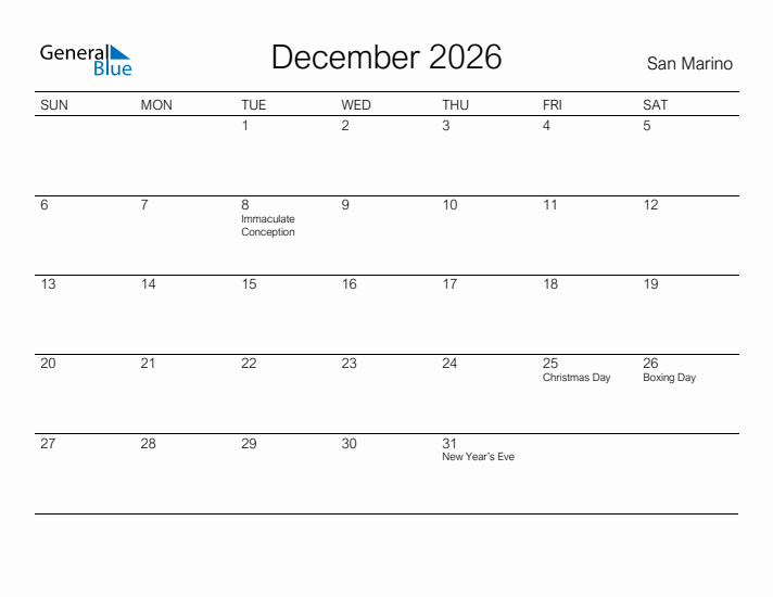 Printable December 2026 Calendar for San Marino