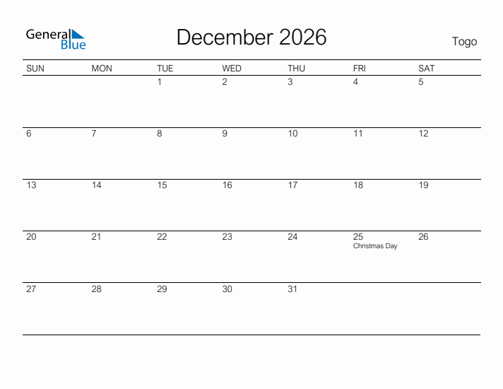 Printable December 2026 Calendar for Togo