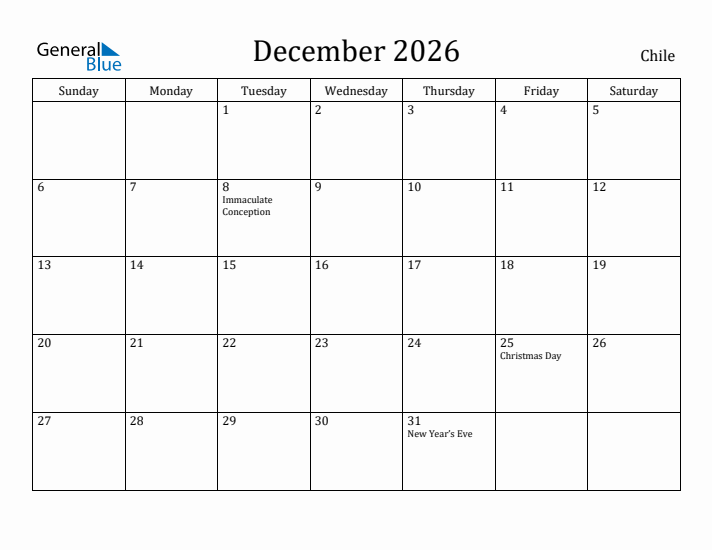 December 2026 Calendar Chile