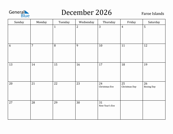 December 2026 Calendar Faroe Islands