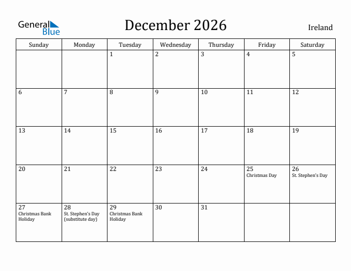 December 2026 Calendar Ireland