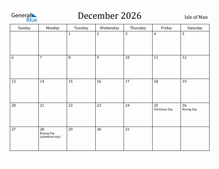 December 2026 Calendar Isle of Man