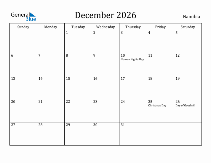 December 2026 Calendar Namibia