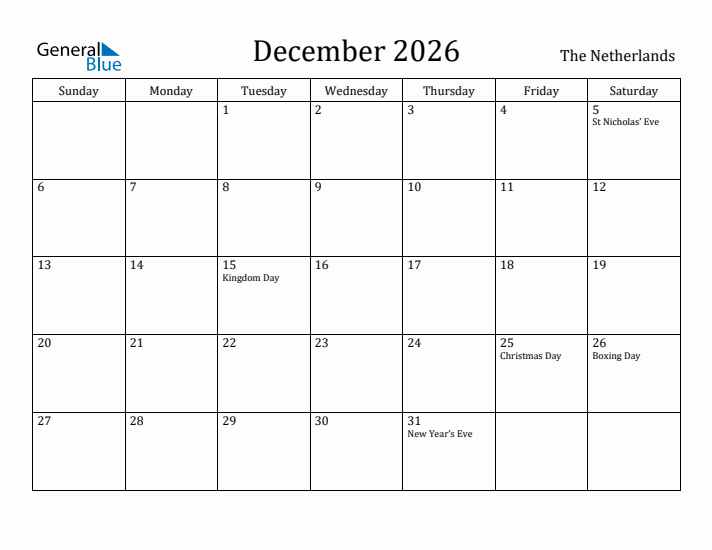 December 2026 Calendar The Netherlands