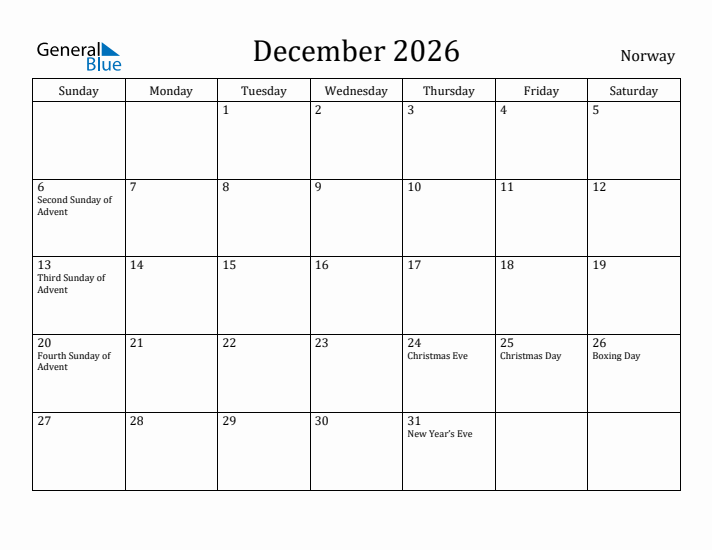 December 2026 Calendar Norway