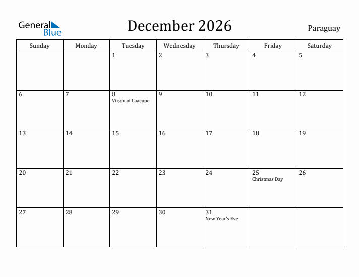 December 2026 Calendar Paraguay