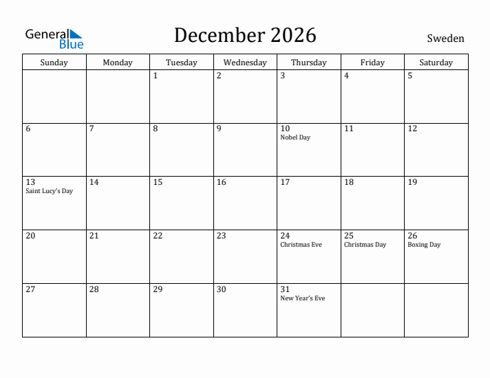 December 2026 Calendar Sweden