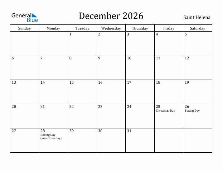 December 2026 Calendar Saint Helena