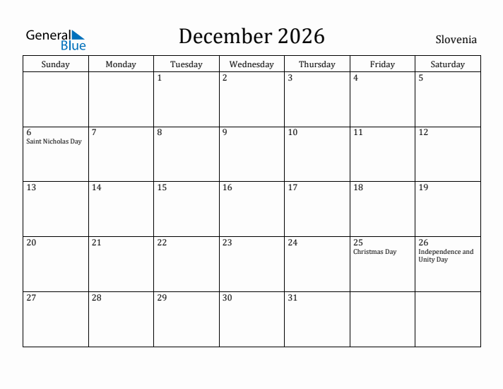 December 2026 Calendar Slovenia